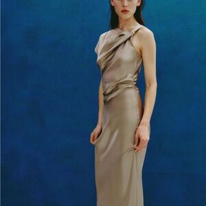 Zara Asymmetric Satin Midi Dress in Tan